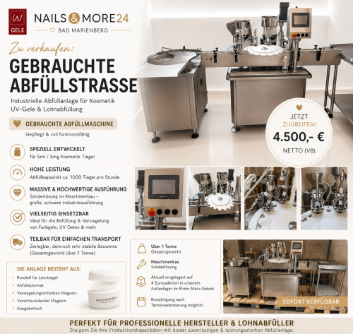 Industrielle Abfüllstraße für Kosmetiktiegel 5 ml / 5 g – Maschinenbau-Sonderlösung – Gebraucht